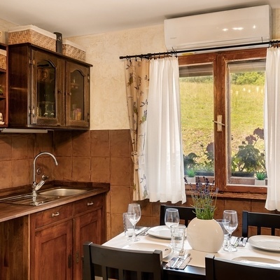 The kitchen is fully equipped for a multi-day stay and includes a large dining table.